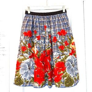 Odille Anthropologie Plaid Floral Skirt with Pockets & Lace Trimmed Lining